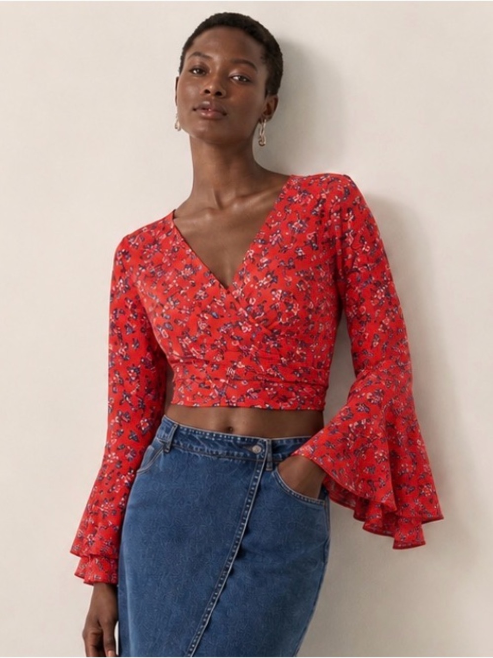 Organic Viscose Red Boho Floral Bell Sleeve Wrap Top, Adjustable Blouse Fits S-L